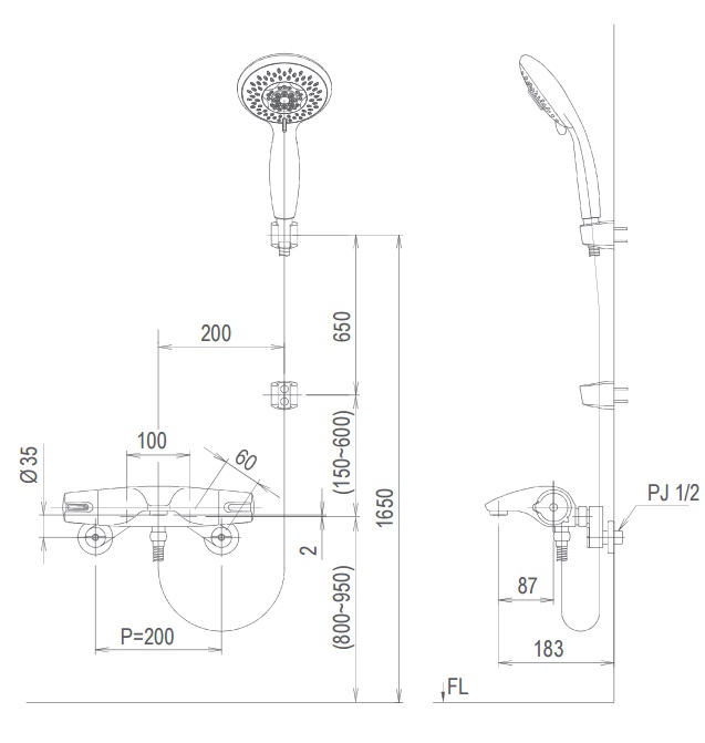 v-1 Bản vẽ kỹ thuật vòi sen tắm lạnh INAX BFV-5103T-3C