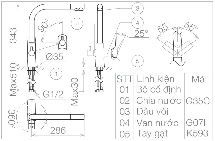 voi-bep-viglacera-vg713 Bản vẽ kỹ thuật vòi rửa chén VG 713