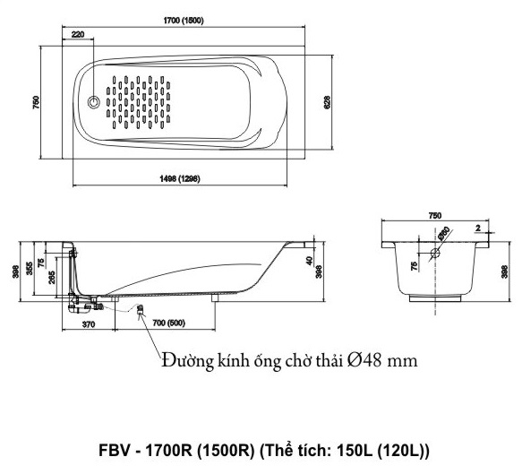 y-1 Bản vẽ kỹ thuật Bồn tắm INAX FBV-1500R