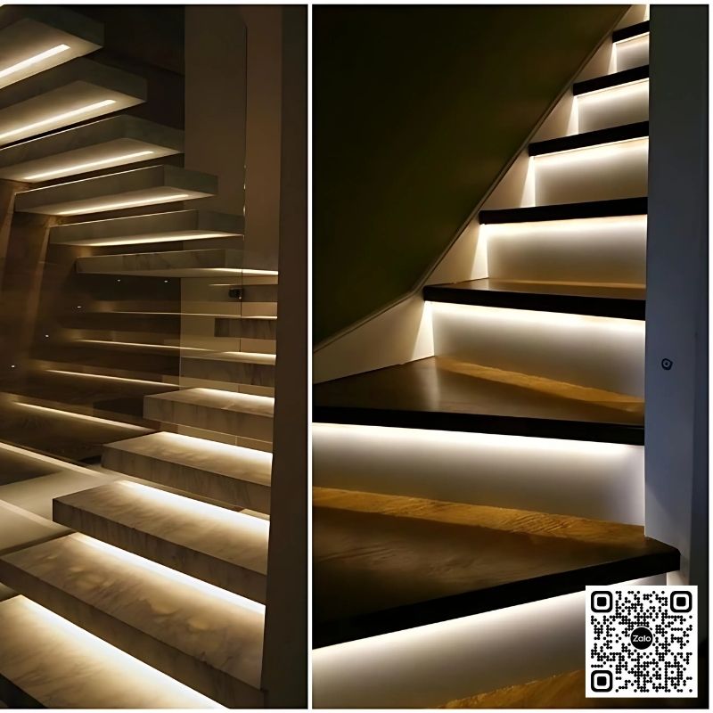 12-25 Cầu thang gỗ hiện đại lắp đèn LED hắt sáng dưới bậc, tạo hiệu ứng chiếu sáng trang trí nội thất