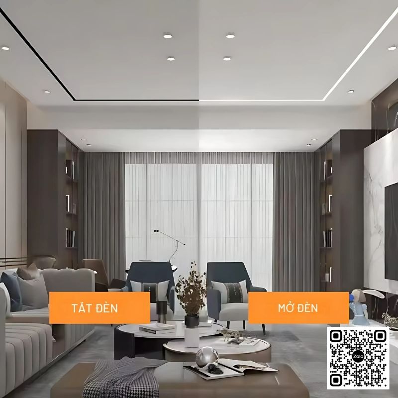 3-77 Phòng khách hiện đại với hệ thống đèn trần LED so sánh chế độ tắt đèn và mở đèn