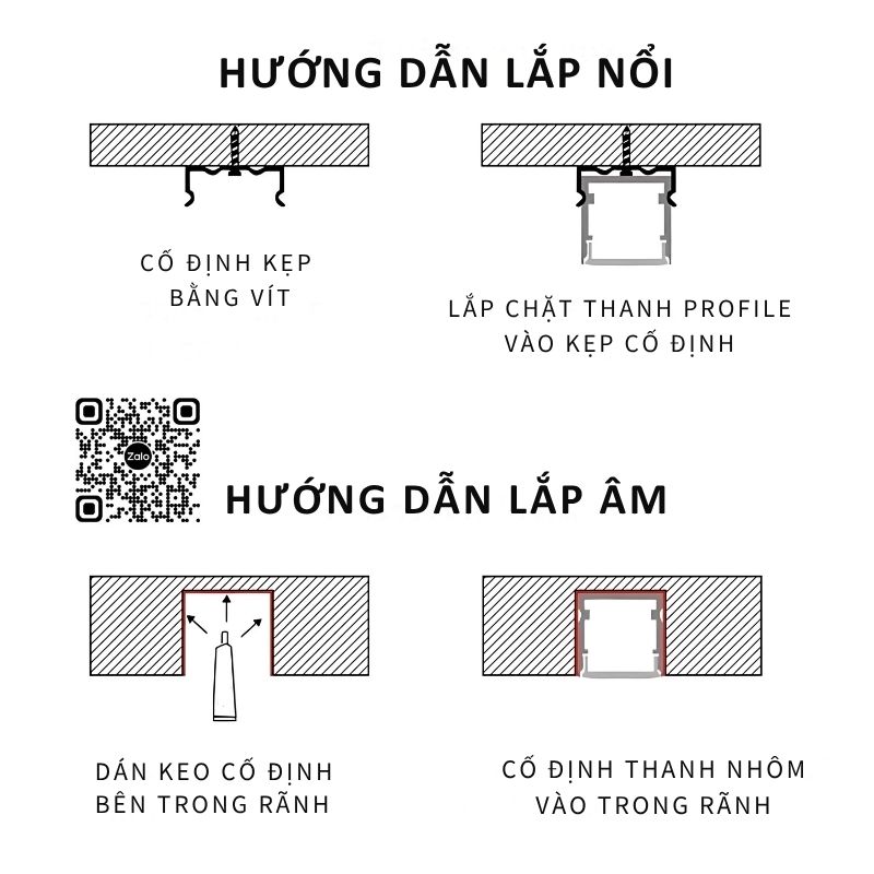30-8 Hướng dẫn lắp đặt thanh nhôm định hình nổi và âm trần với vít và keo cố định