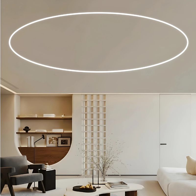 Đèn trần LED vòng tròn lớn phong cách tối giản trong phòng khách hiện đại tông màu be trắng
