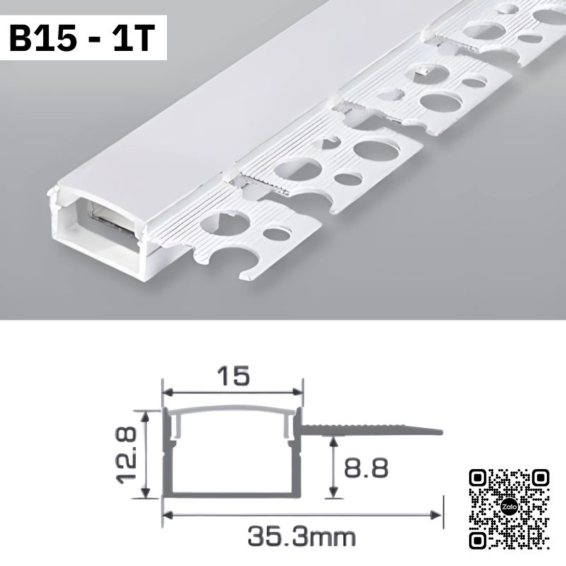 Thanh nhôm định hình đèn LED B15 1T màu trắng kèm bản vẽ kích thước chi tiết
