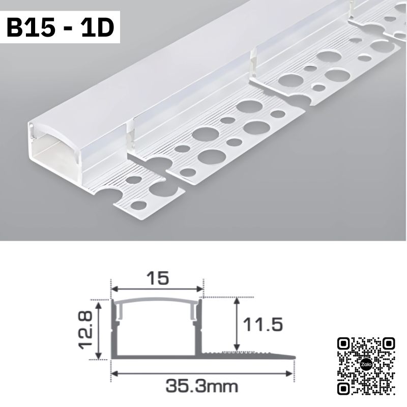 Thanh nhôm định hình đèn LED B15 1D màu trắng kèm bản vẽ kích thước kỹ thuật chi tiết