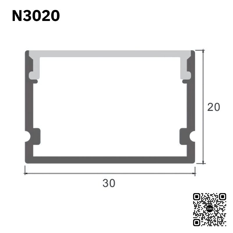 Mặt cắt nhôm định hình N3020 dạng khung chữ nhật kích thước 30x20 mm dùng cho kết cấu kỹ thuật