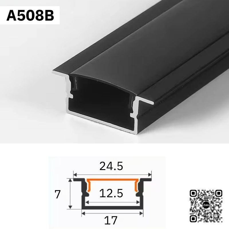 82 Thanh nhôm định hình A508B màu đen cho đèn LED với kích thước rãnh 12.5mm và bản vẽ kỹ thuật chi tiết