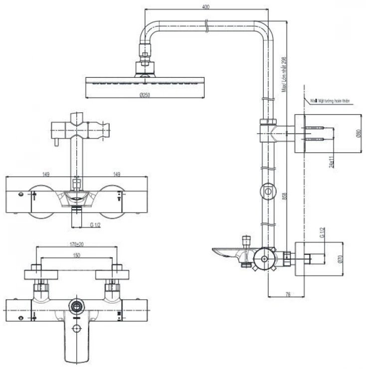 ban-ve-sen-cay-toto-tbw07403aa-mbl Bản vẽ kích thước sen cây liền khối TOTO TBW 07403A MBL 250mm