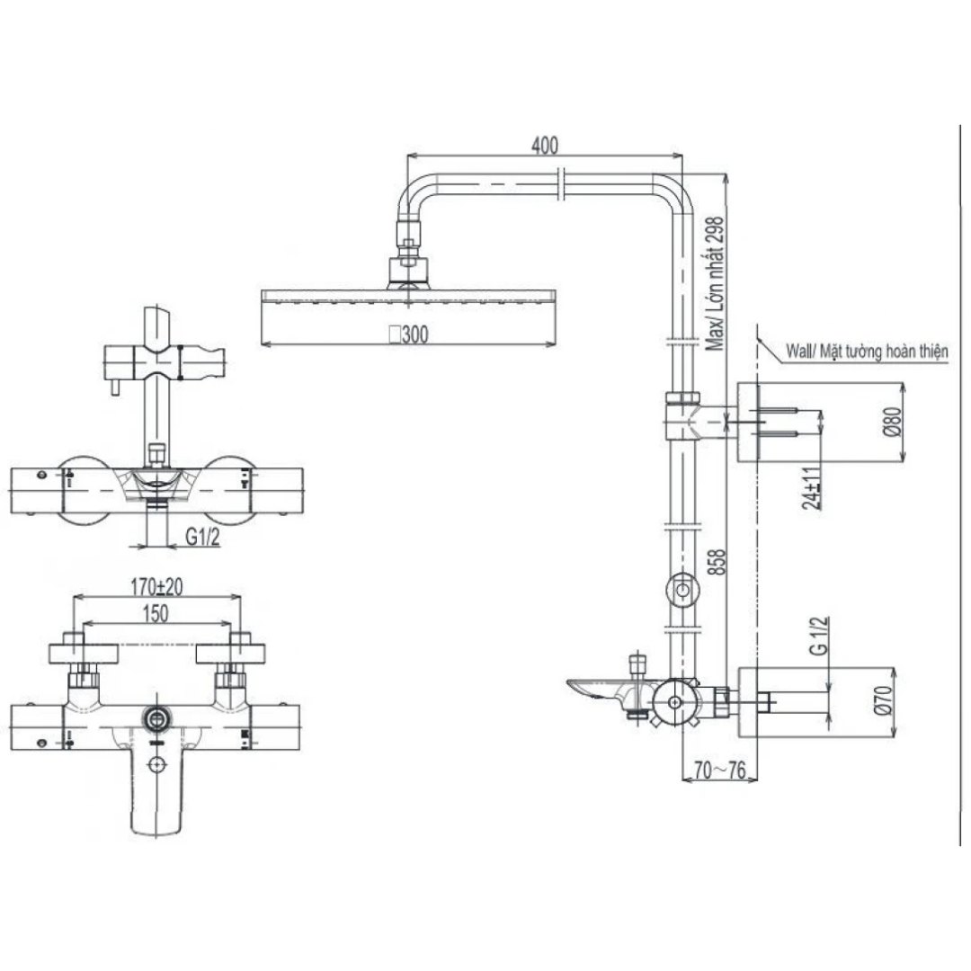 Bản vẽ kích thước cây sen liền khối TOTO TBW 08405A BGP 300mm