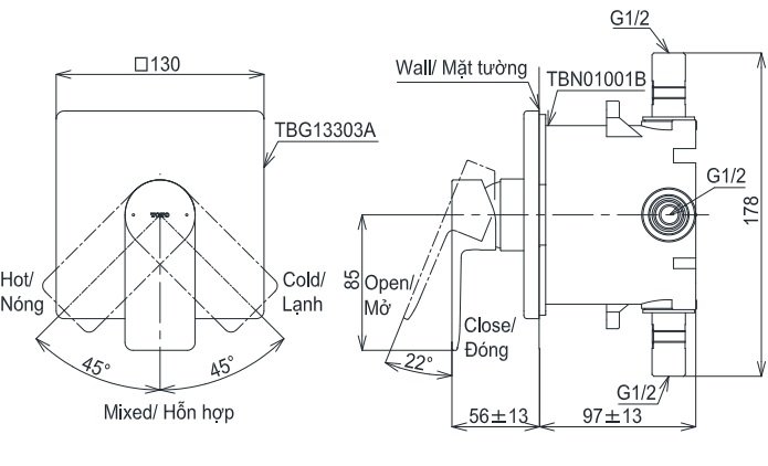 Bản vẽ kích thước van nóng lạnh TOTO TBG 13303A + TBN 01001B lắp âm tường