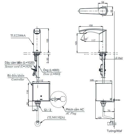 ban-ve-voi-cam-ung-toto-tle22006a Bản vẽ vòi tự động TOTO TLE22006A