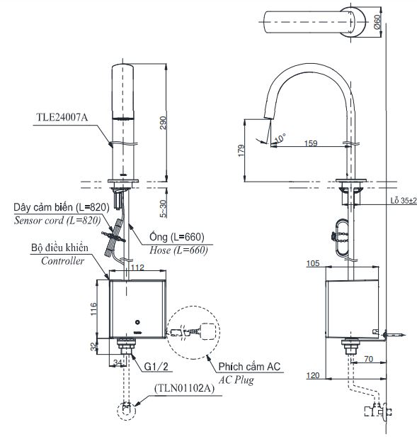 ban-ve-voi-cam-ung-toto-tle24007a Bản vẽ vòi tự động TOTO TLE24007A