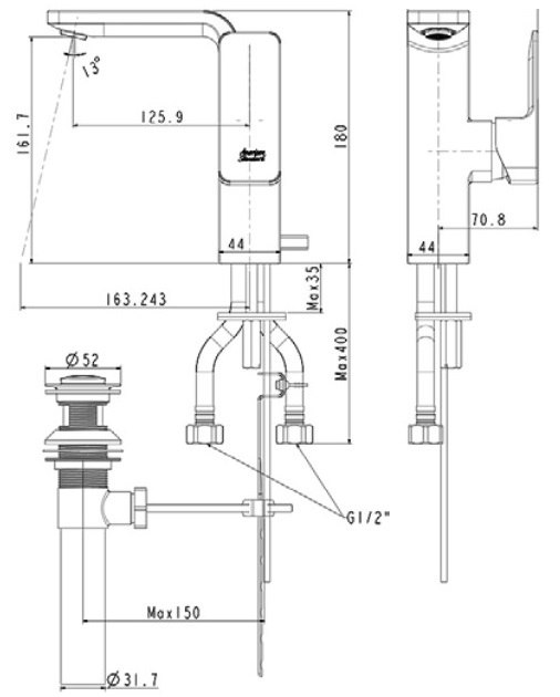 ban-ve-voi-lavabo-american-wf-1305bhg Bản vẽ kích thước vòi chậu lavabo WF1305BHG nóng lạnh