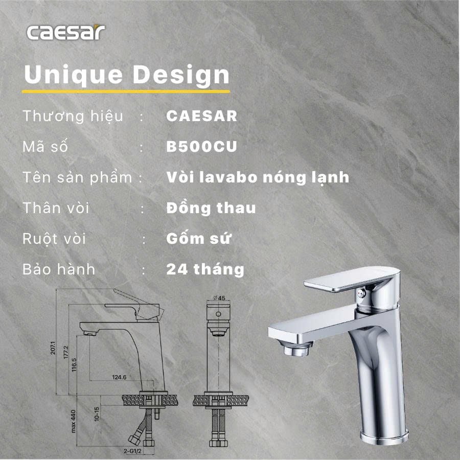 ban-ve-voi-lavabo-caesar-b500cu Bản vẽ vòi chậu nóng lạnh Caesar B500CU xả nhấn