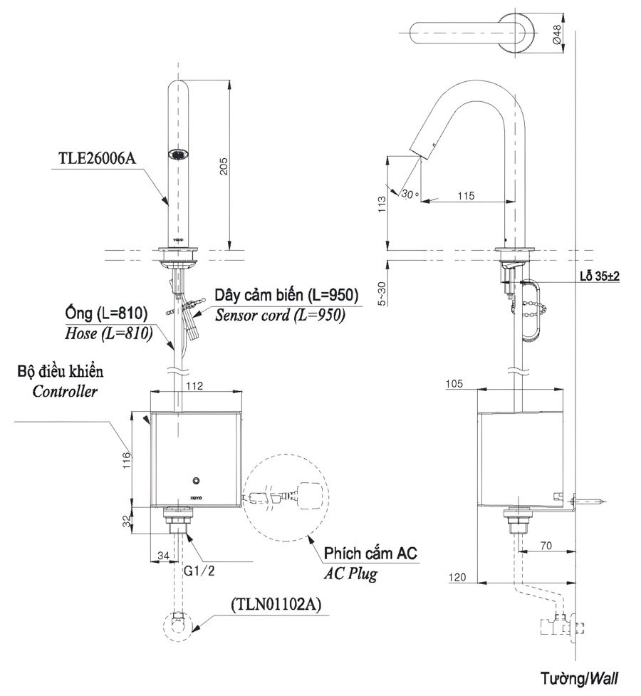ban-ve-voi-lavabo-toto-cam-ung-tle26006a-tle01502a1-tln01102a Bản vẽ kích thước vòi TOTO TLE26006A-TLE01502A1-TLN01102A 220V