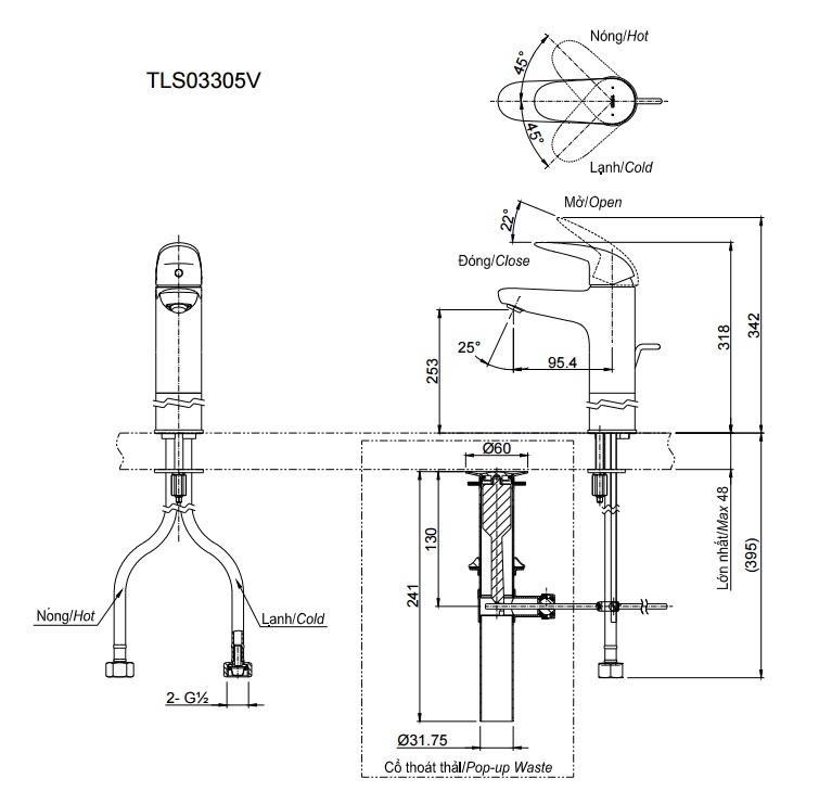 ban-ve-voi-lavabo-toto-tls03305v Bản vẽ vòi nước TOTO TLS03305V nóng lạnh