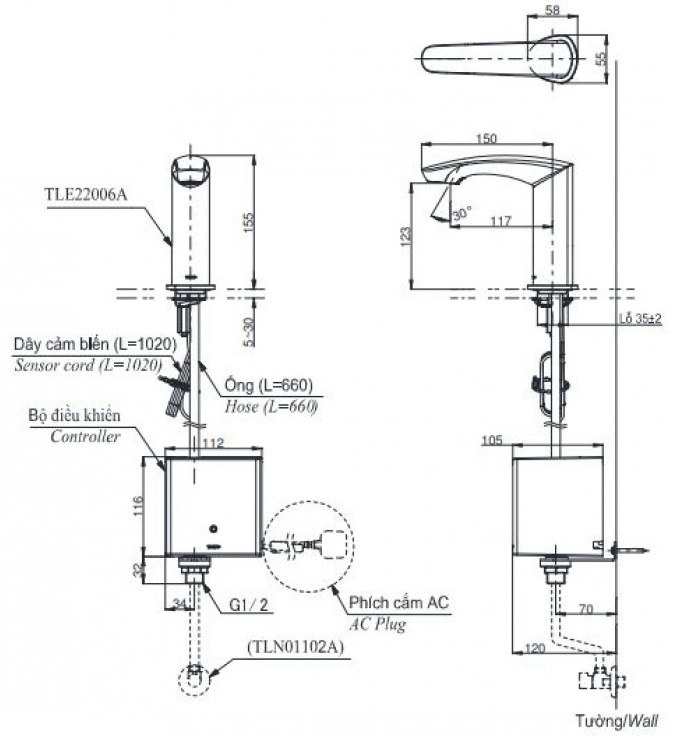 ban-ve-voi-toto-tle22006a-tle01502a1-tln01102a Bản vẽ kích thước vòi TOTO TLE22006A-TLE01502A1-TLN01102A 220V