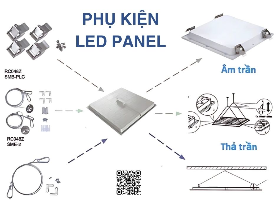 den-led-panel-chieu-sang-van-phong-toa-nha-benh-vien-10-4 Phụ kiện lắp đặt đèn LED panel âm trần và thả trần với các loại kẹp, dây treo, khung giữ