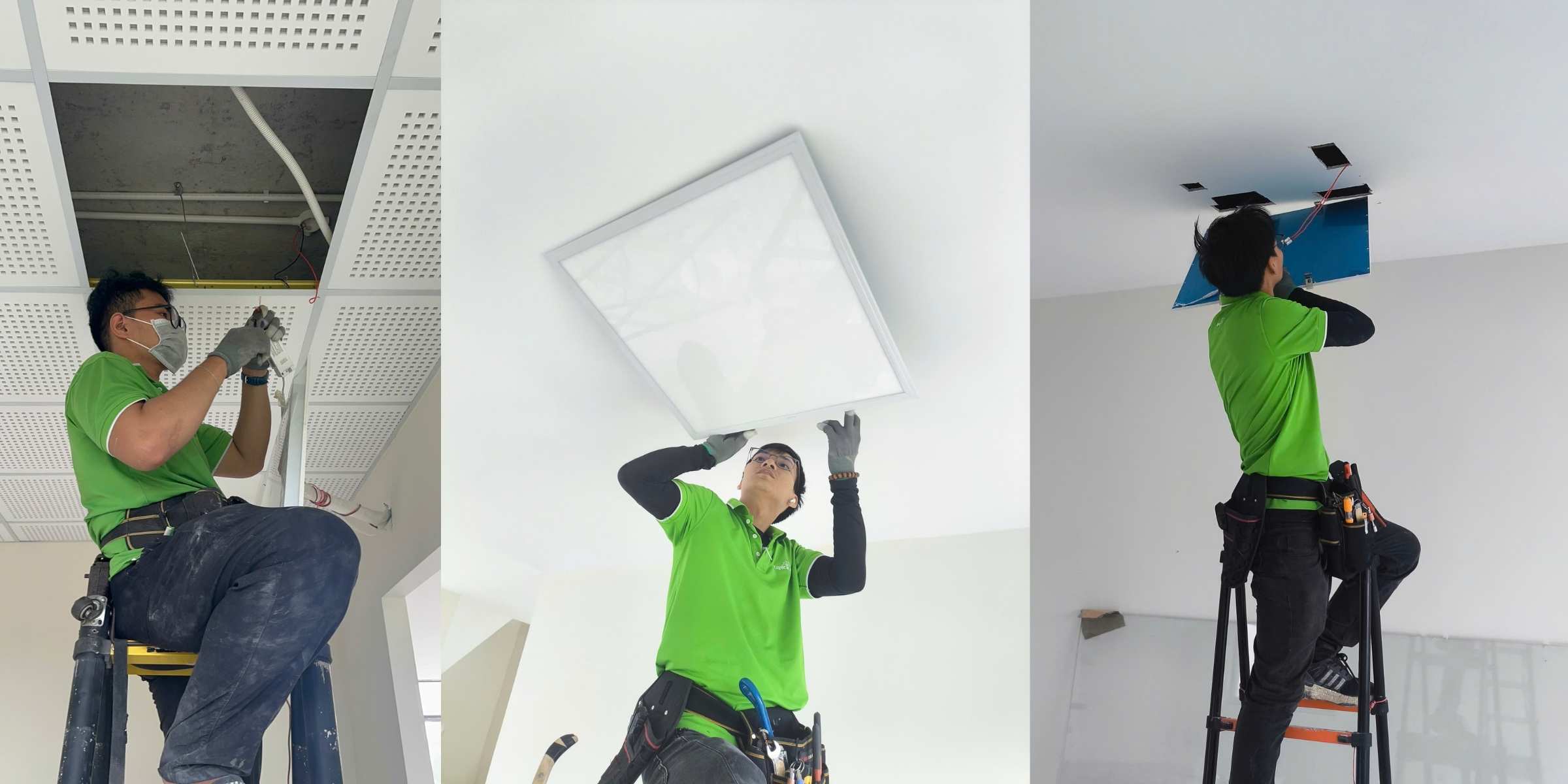 ke1bbb920thue1baadt20vic3aan20thi20cc3b4ng-3 Kỹ thuật viên lắp đặt đèn LED panel 600x600 âm trần trên trần thạch cao trong công trình nội thất