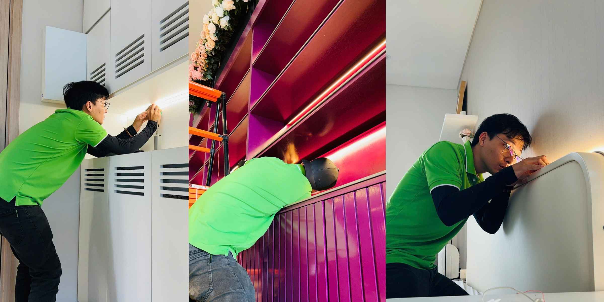 Kỹ thuật viên lắp đặt đèn LED âm tủ và đầu giường trong nội thất gia đình