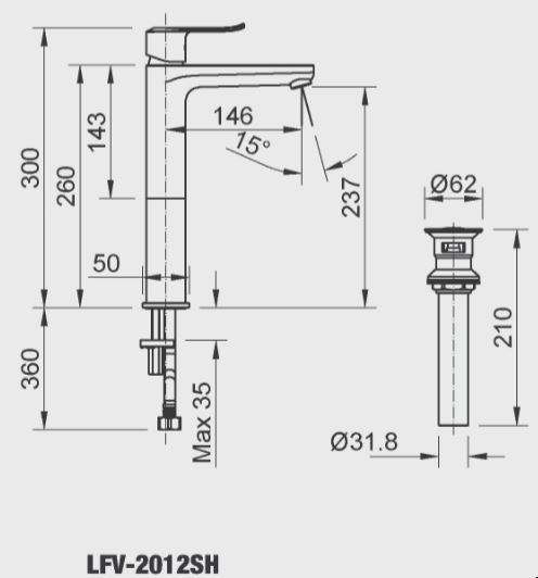 lfv-2012sh Bản vẽ kỹ thuật vòi lavabo nóng lạnh cổ cao INAX LFV-2012SH