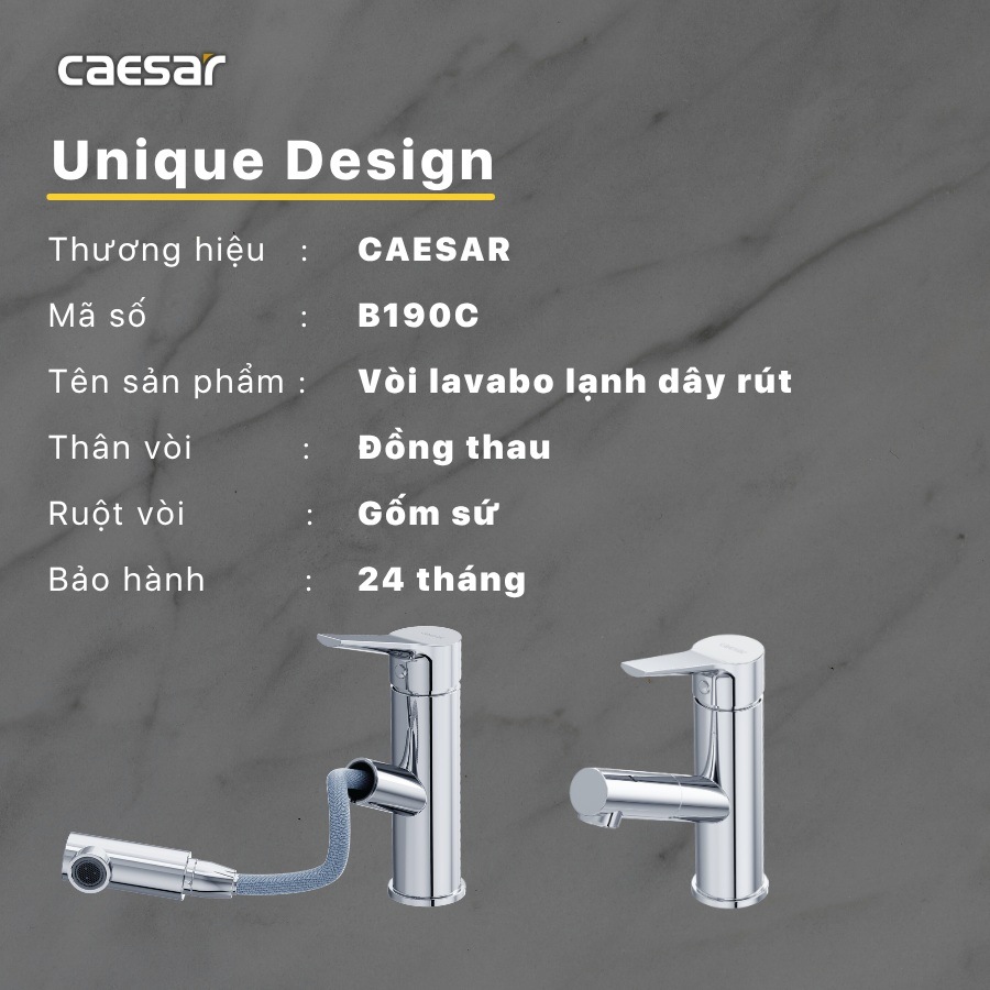 thong-so-caesar-b190c Bản vẽ kích thước vòi chậu rút dây Caesar B190CU