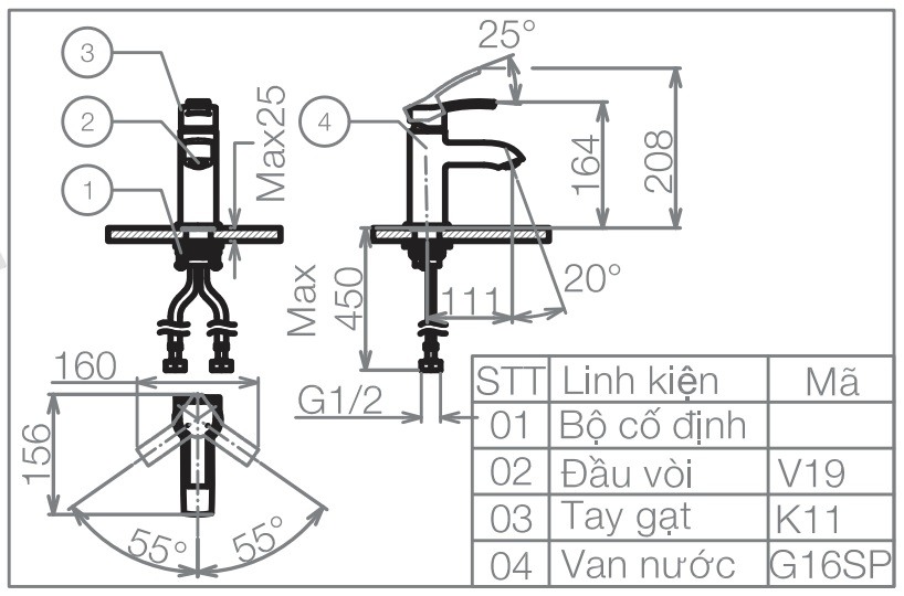 Bản vẽ kỹ thuật vòi lavabo Viglacera VG111