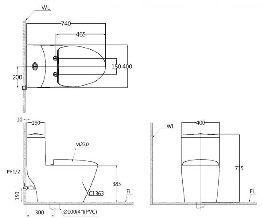 Bản vẽ kích thước bồn cầu nắp rửa điện tử Caesar C1363 TAF610H