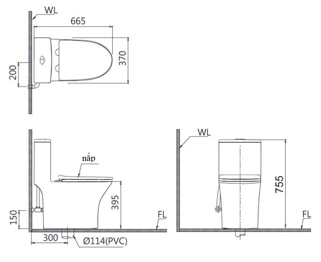 Bản vẽ kích thước bồn cầu nắp rửa điện tử Caesar C1391 TAF610H