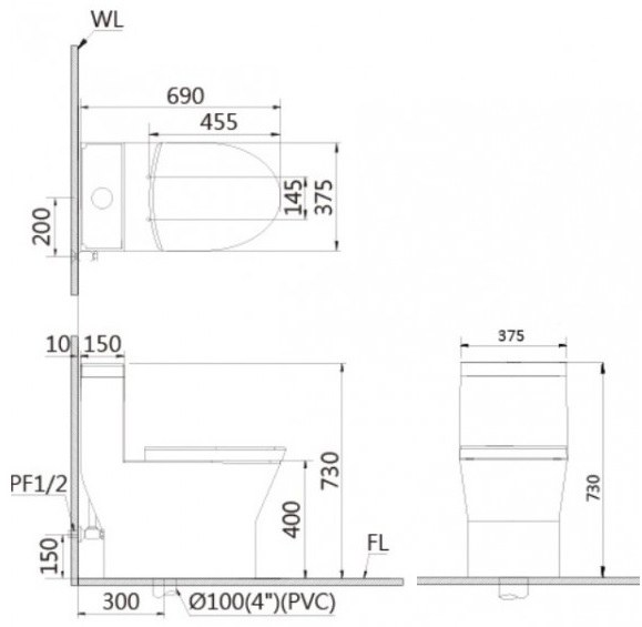 ban-ve-bon-cau-caesar-cd1374-taf400h Bản vẽ kích thước bồn cầu C1374 nắp rửa TAF400H