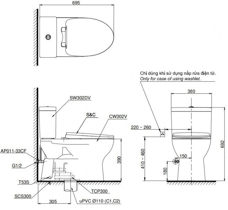ban-ve-bon-cau-toto-cs302de4 Bản vẽ bồn cầu CS 302DE4 nắp rửa cơ TCW1211A TOTO