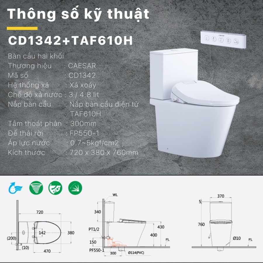 ban-ve-cau-thong-minh-cd1342-taf610h-caesar Bản vẽ kích thước bồn cầu CD1342 nắp rửa TAF610H