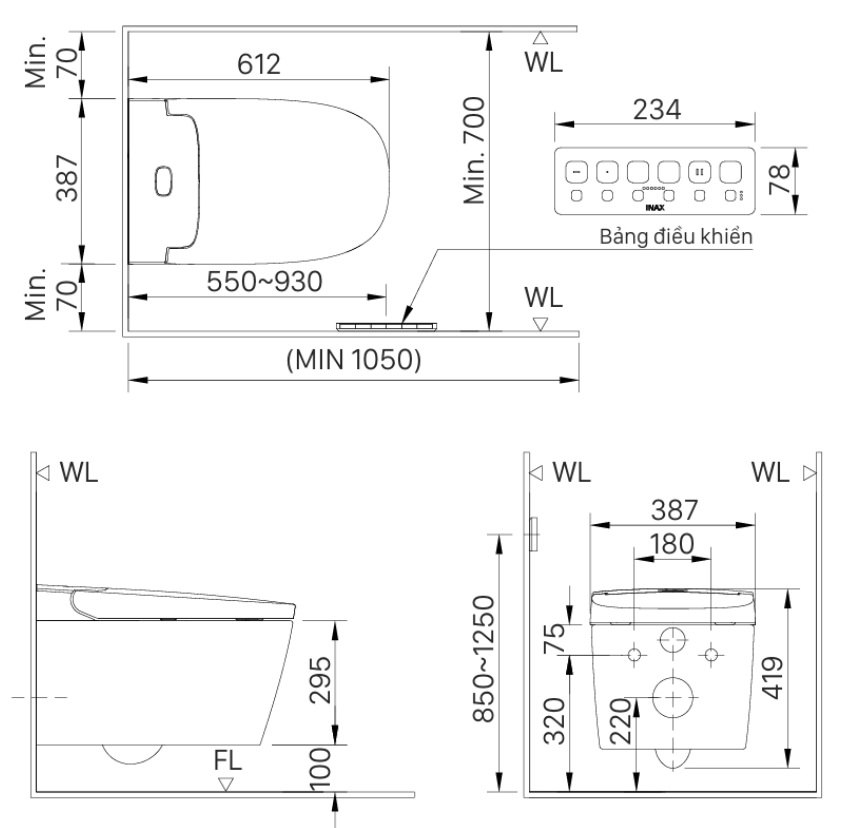 Bản vẽ kích thước bồn cầu Inax AC-820VN