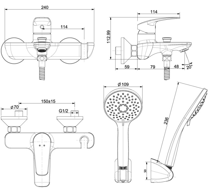 ban-ve-ky-thuat-voi-sen-american-standard-wf-0911 Bản vẽ kích thước vòi hoa sen American WF-0911