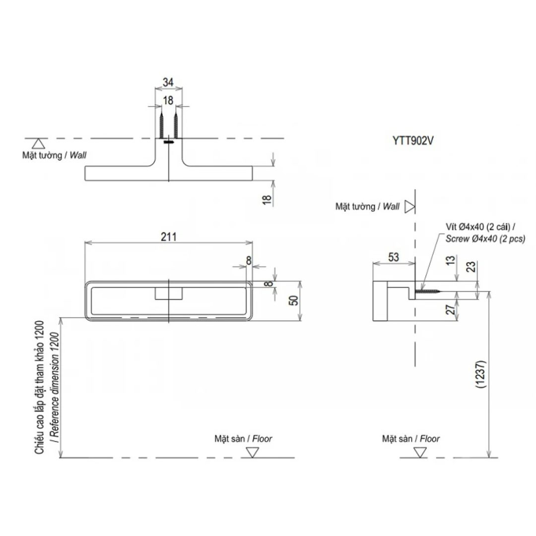 Bản vẽ khung treo khăn YTT902V-BRG TOTO